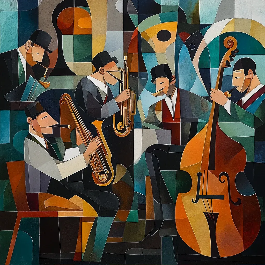 Cubist style painting of a 1920s speakeasy jazz band - Image 2