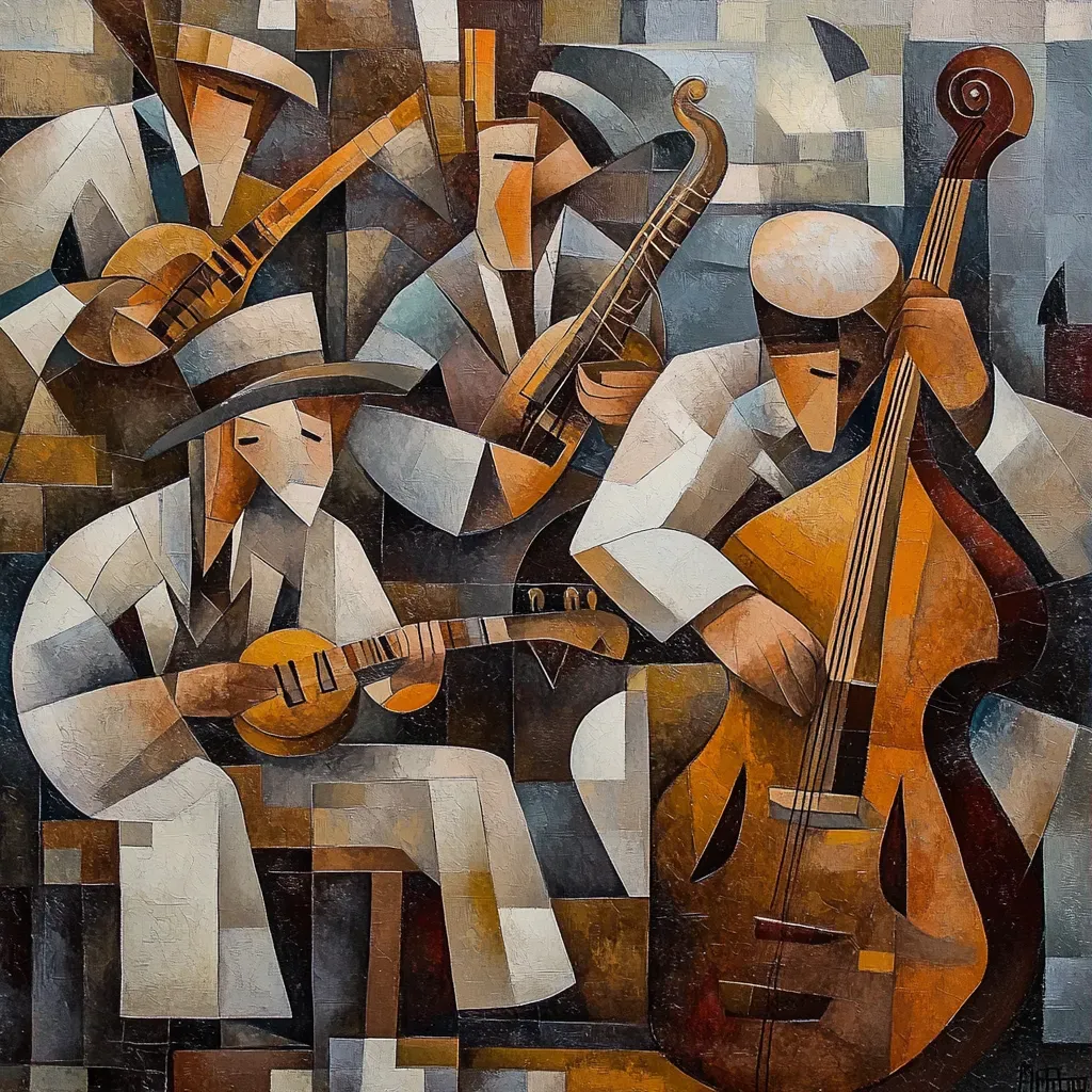 Cubist style painting of a 1920s speakeasy jazz band - Image 3