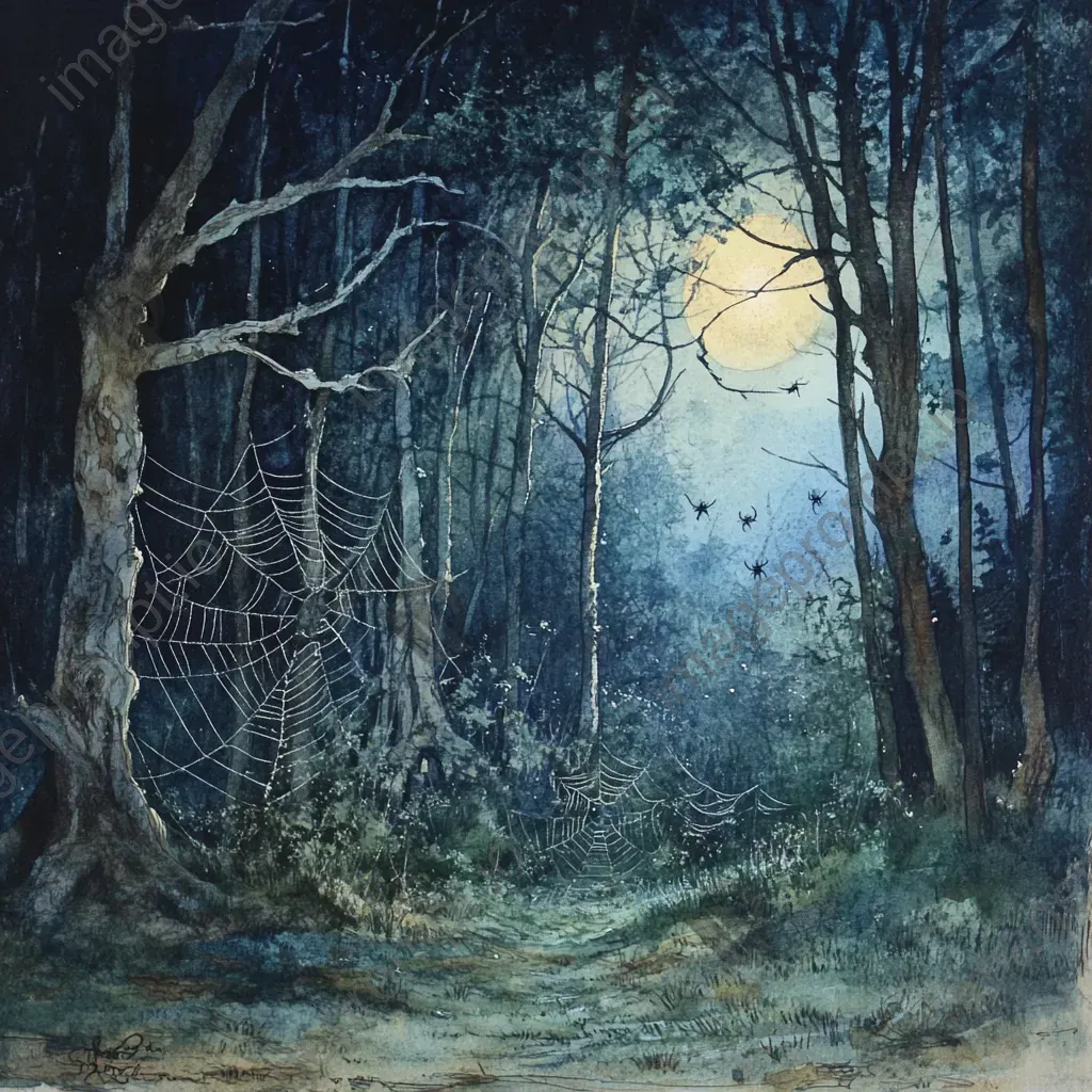 Moonlit, ghostly forest scene depicted with watercolor medium - Image 1