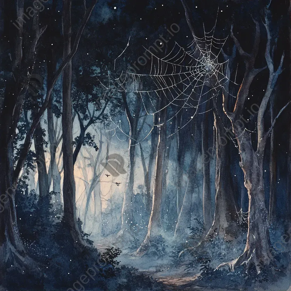 Moonlit, ghostly forest scene depicted with watercolor medium - Image 2