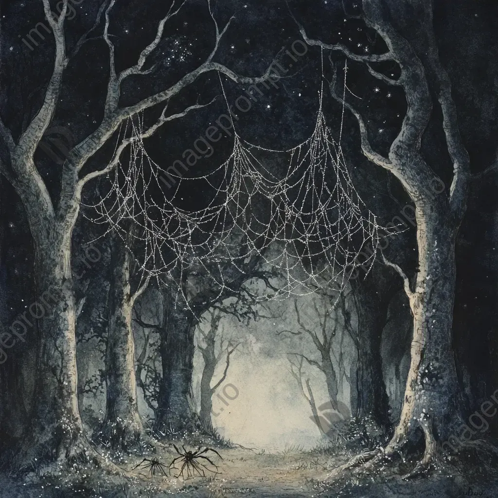 Moonlit, ghostly forest scene depicted with watercolor medium - Image 3