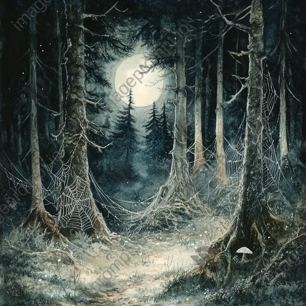 Moonlit, ghostly forest scene depicted with watercolor medium - Image 4