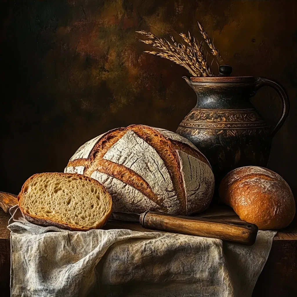 Artwork illustrating the appealing texture and golden crust of freshly baked rustic bread - Image 3