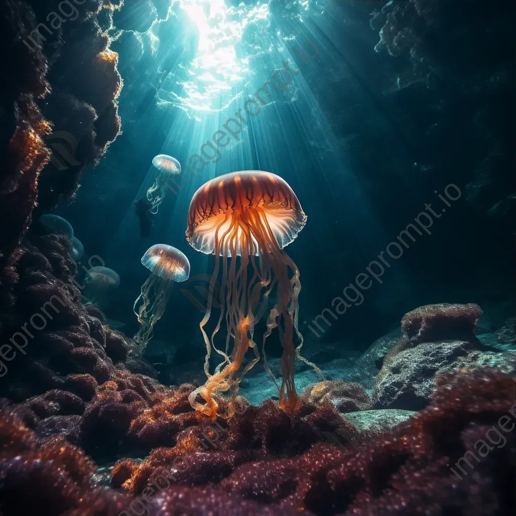 Mystical underwater cavern with glowing jellyfish and intricate rock formations - Image 3