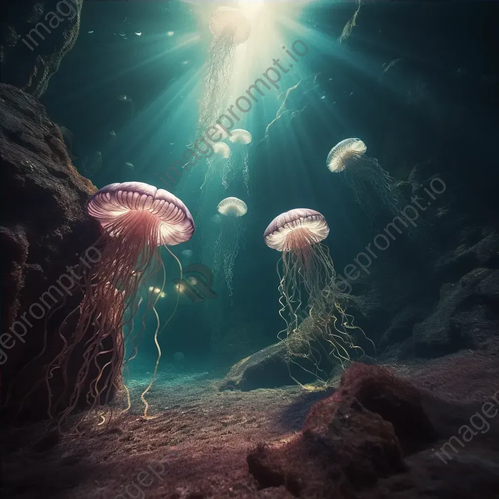 Mystical underwater cavern with glowing jellyfish and intricate rock formations - Image 4