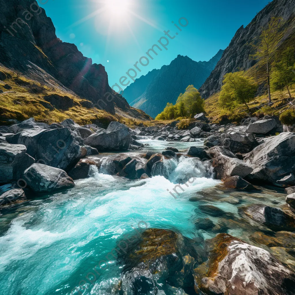 Vibrant turquoise mountain stream flowing through steep cliffs and rocky landscape. - Image 2