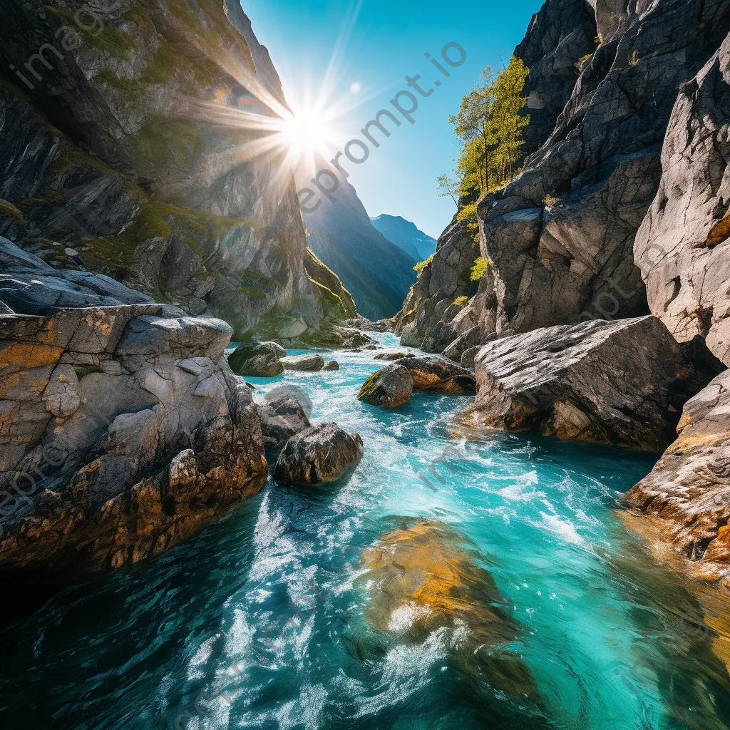 Vibrant turquoise mountain stream flowing through steep cliffs and rocky landscape. - Image 3