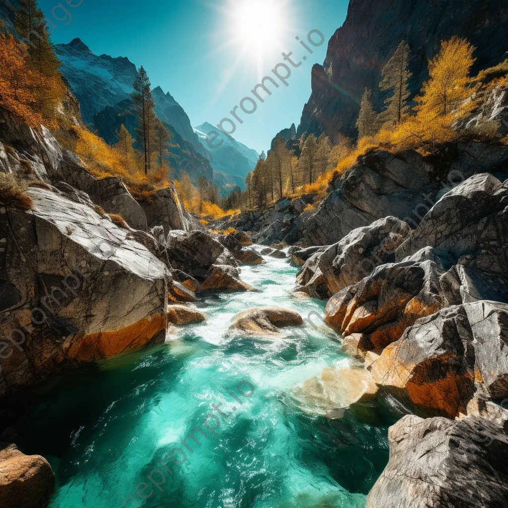 Vibrant turquoise mountain stream flowing through steep cliffs and rocky landscape. - Image 4