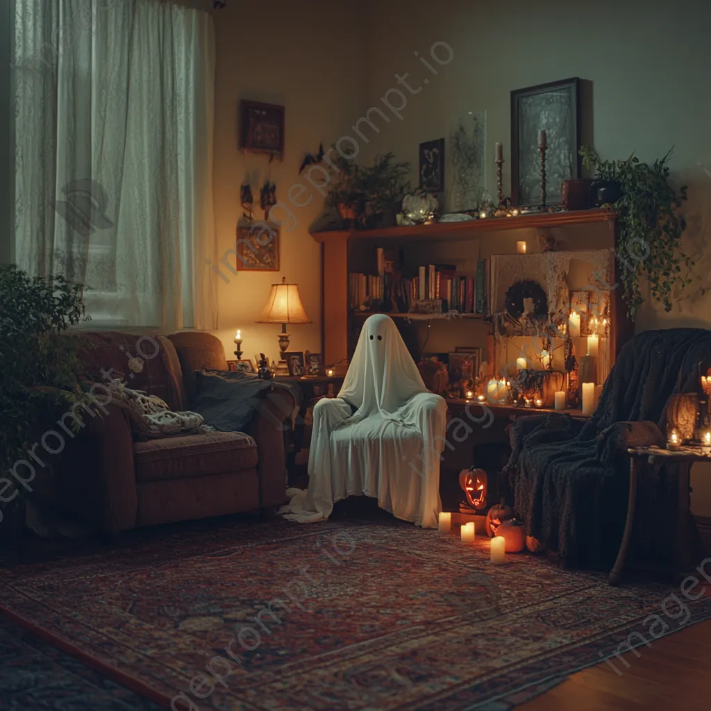 Cozy living room with Halloween decorations and flickering candles - Image 1