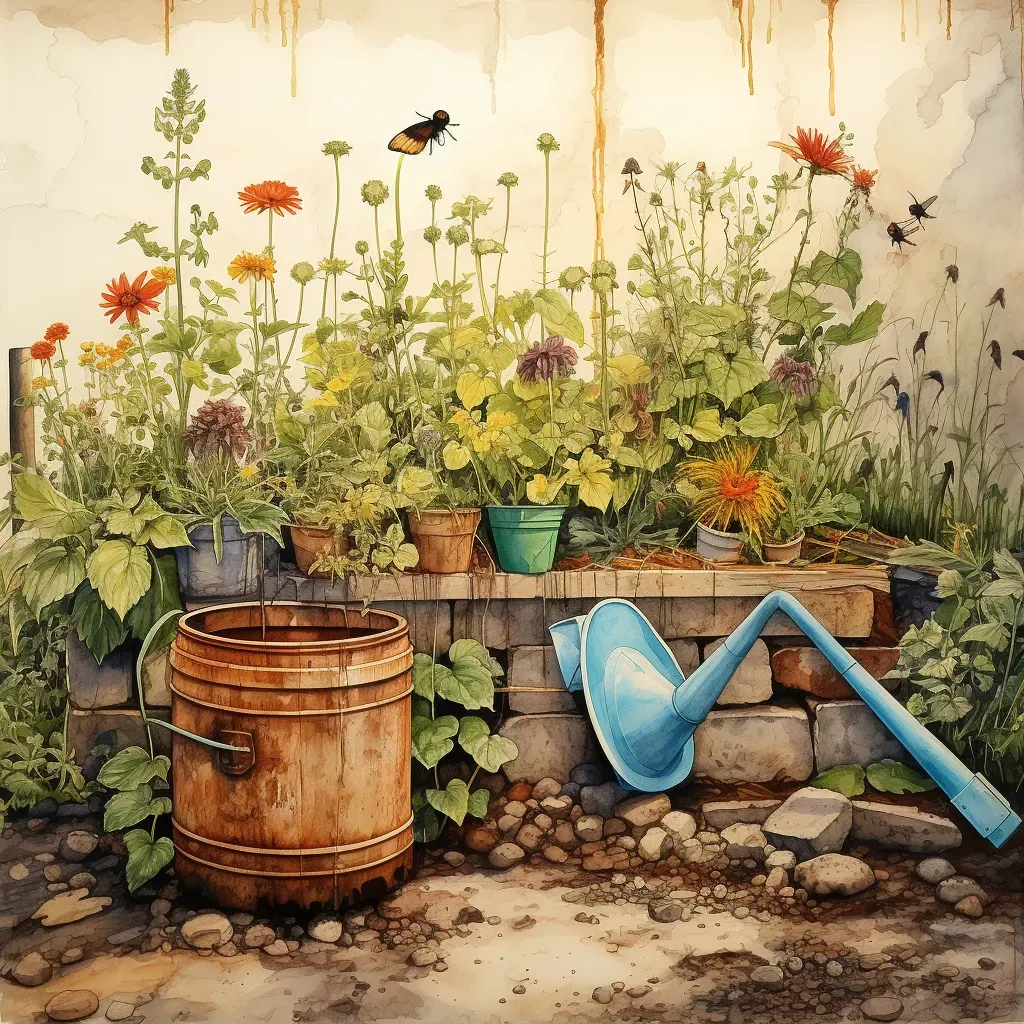 Herb garden with wooden markers and rusty watering can - Image 1