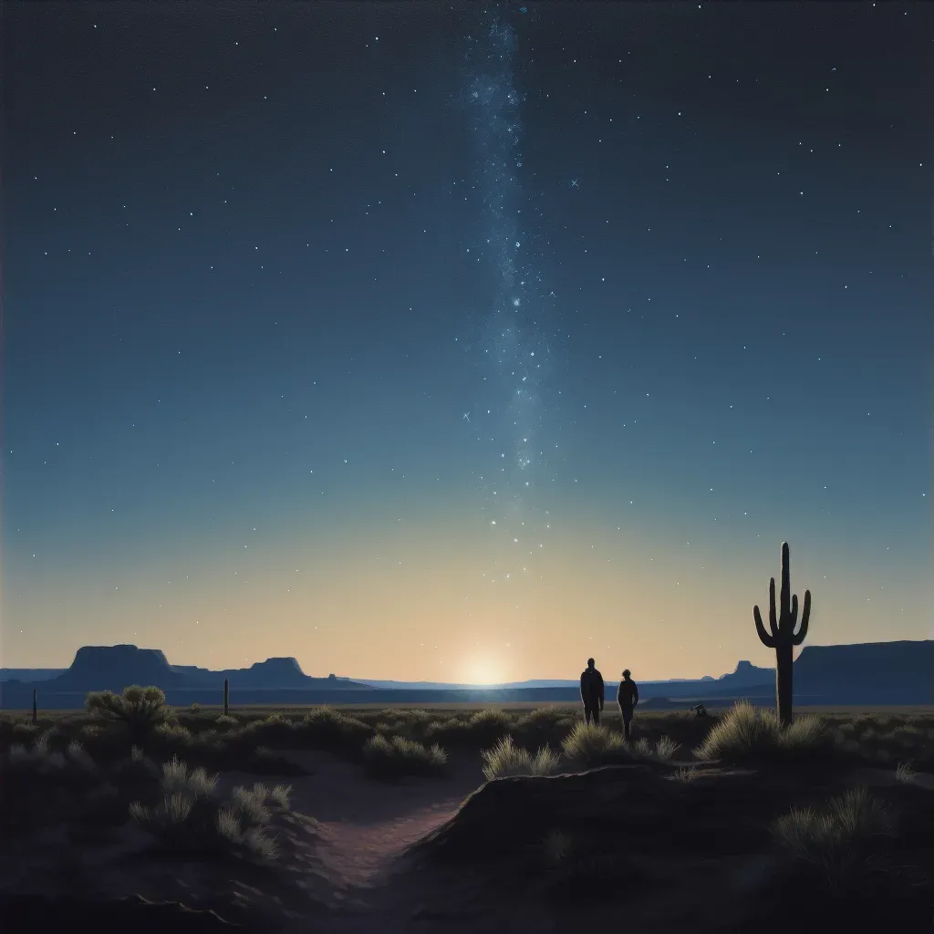 Desert Night Sky with Cacti and Mountains Silhouettes