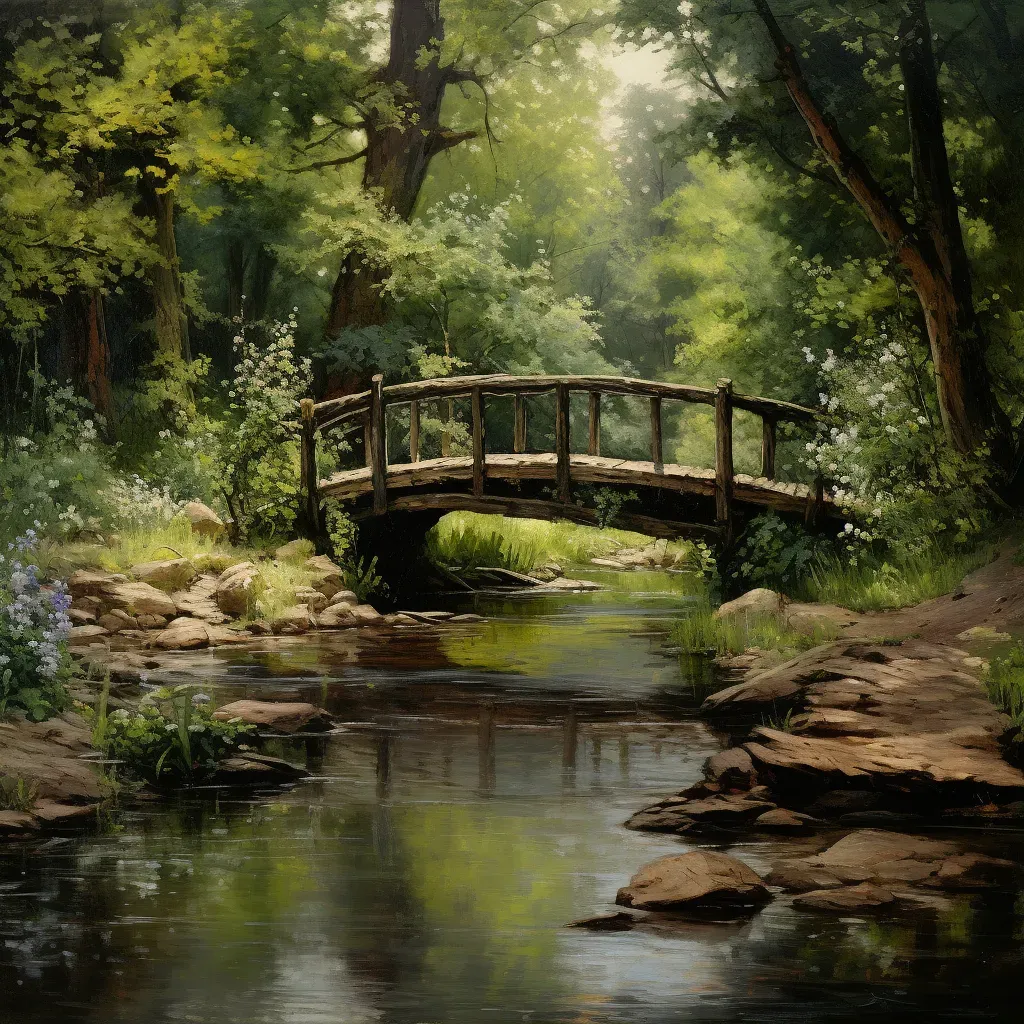 Old wooden footbridge over a peaceful creek - Image 1