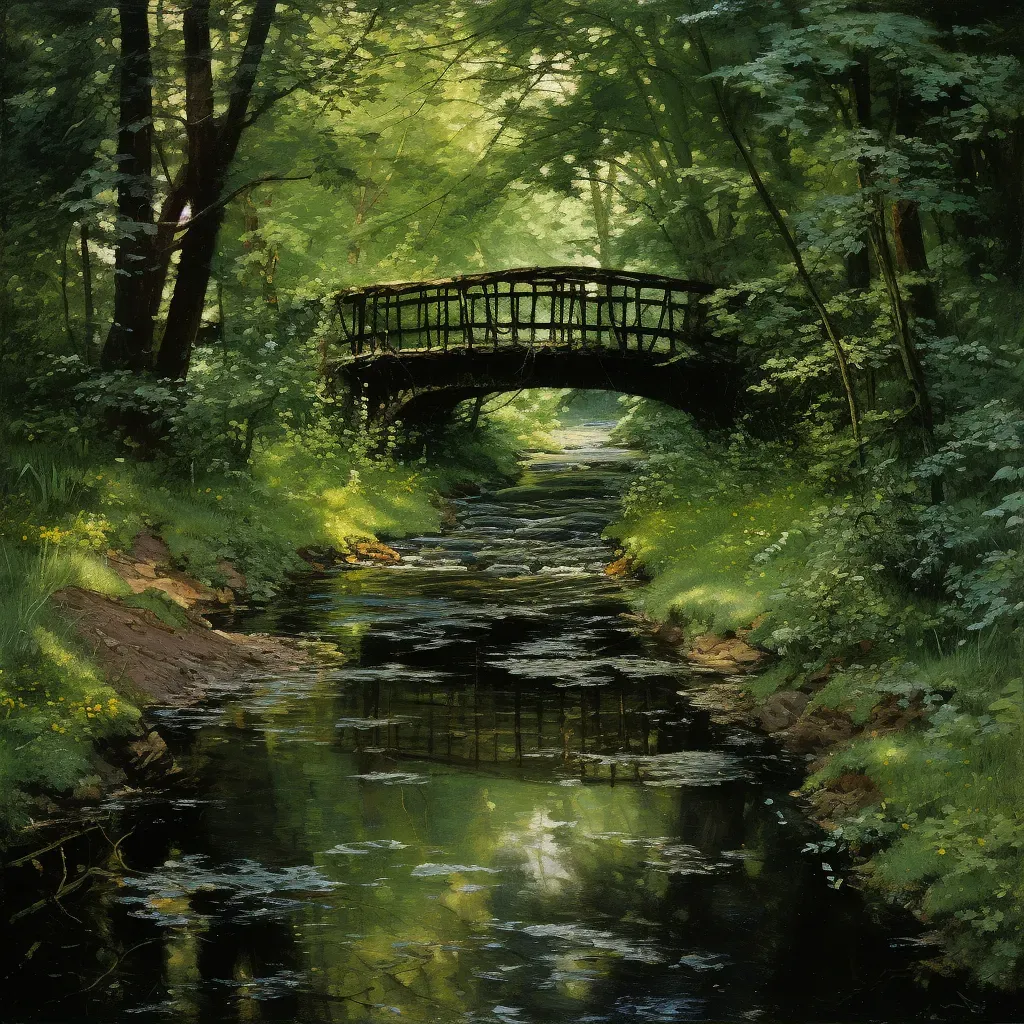 Old wooden footbridge over a peaceful creek - Image 2