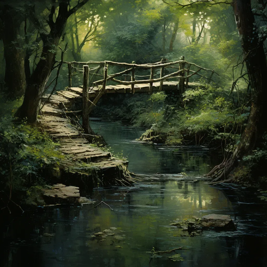 Old wooden footbridge over a peaceful creek - Image 4