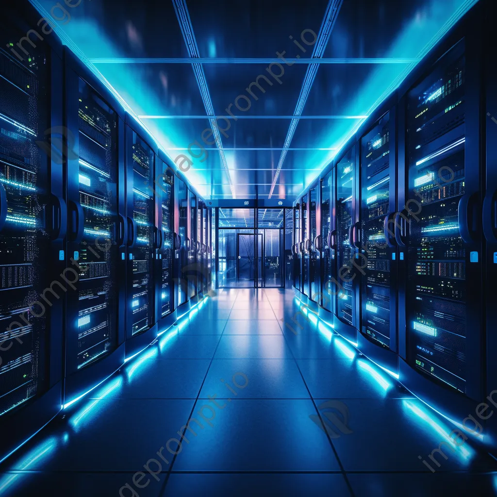 Modern server room illuminated with LED lights showcasing high-tech servers. - Image 2