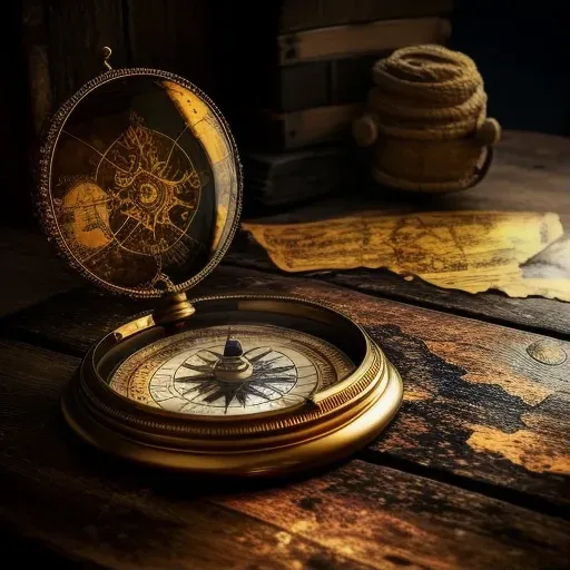 Golden compass and an ancient map on a wooden table symbolizing knowledge quest and direction - Image 1