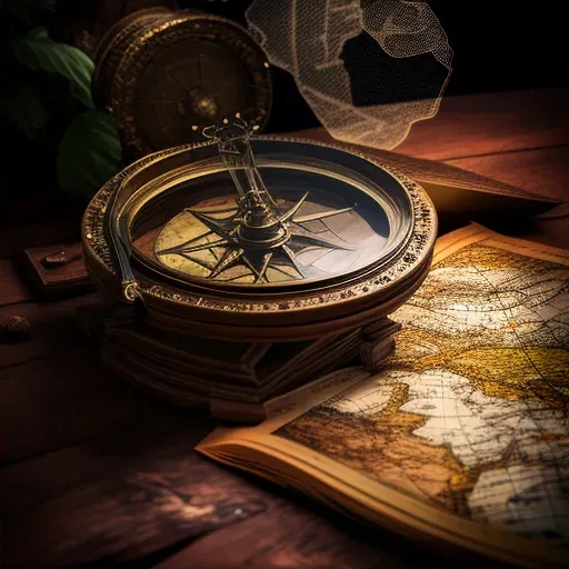 Golden compass and an ancient map on a wooden table symbolizing knowledge quest and direction - Image 2