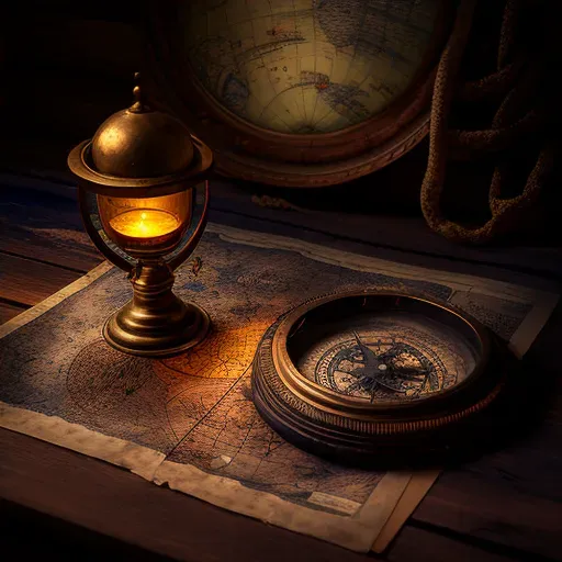 Golden compass and an ancient map on a wooden table symbolizing knowledge quest and direction - Image 4