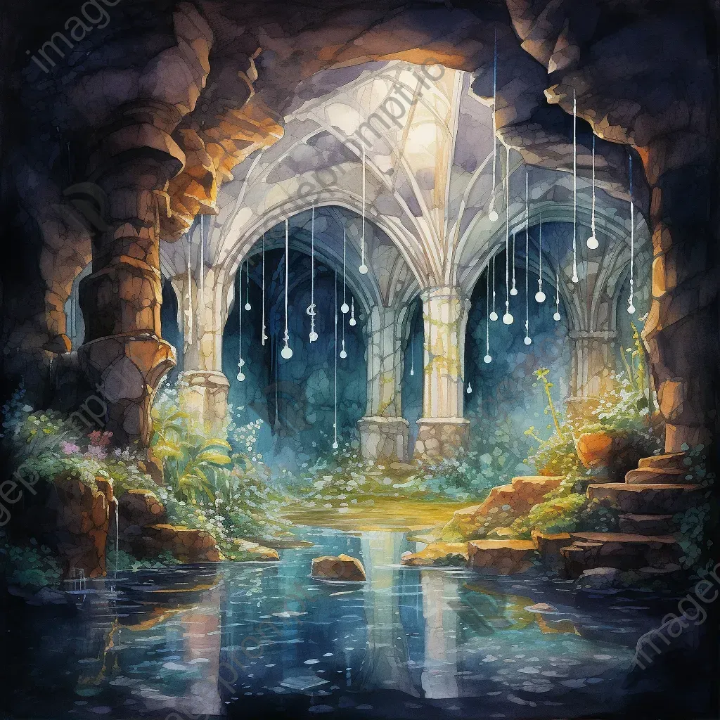 Watercolor painting of an ancient grotto filled with glowing crystals - Image 1