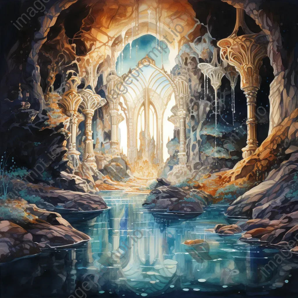 Watercolor painting of an ancient grotto filled with glowing crystals - Image 2