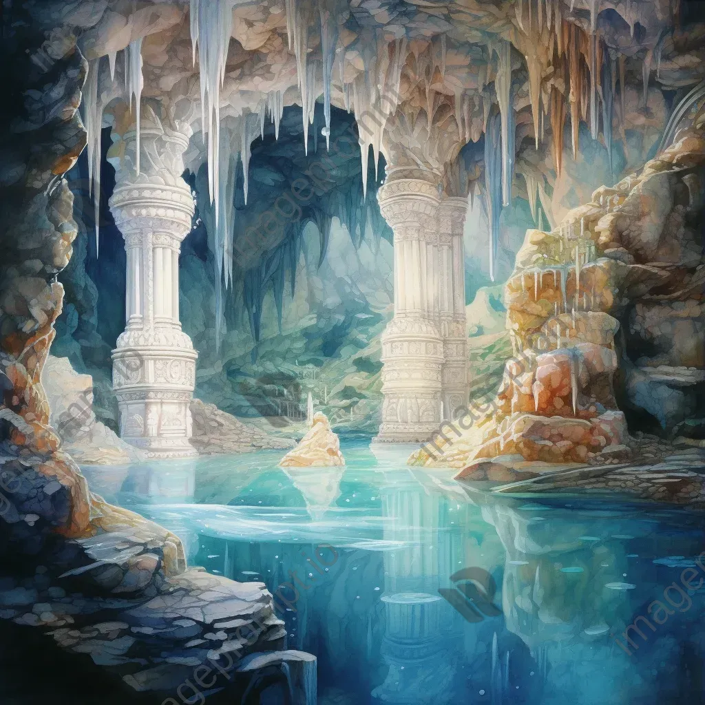 Watercolor painting of an ancient grotto filled with glowing crystals - Image 3