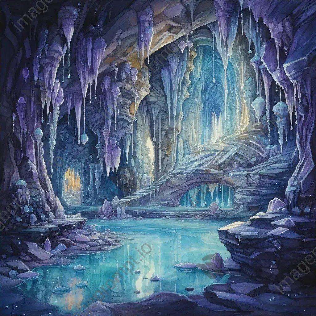 Watercolor painting of an ancient grotto filled with glowing crystals - Image 4