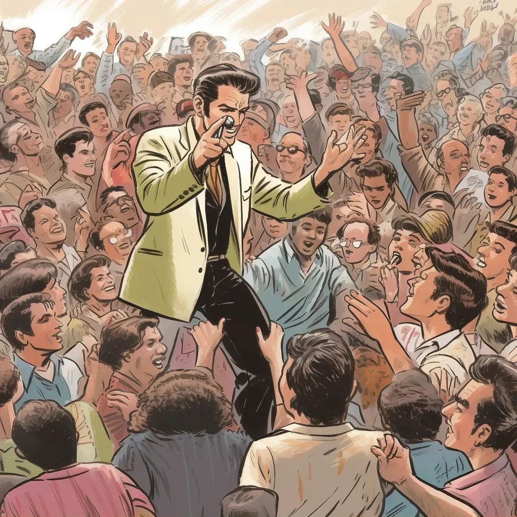 Retro-inspired illustration of a musician on stage with fans - Image 2