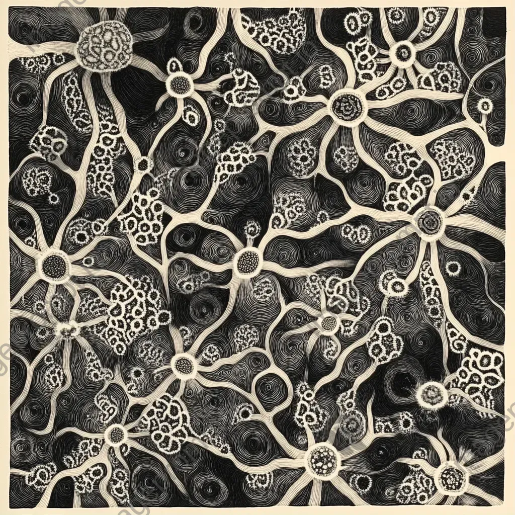 Stylized linocut print of the intricate network of bread mould - Image 1