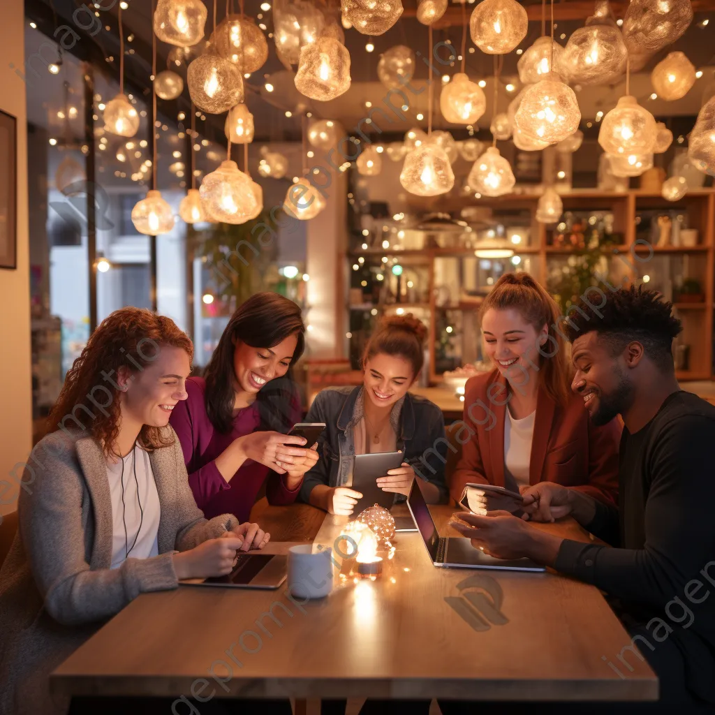 Diverse group of influencers discussing strategies in a cozy café - Image 1