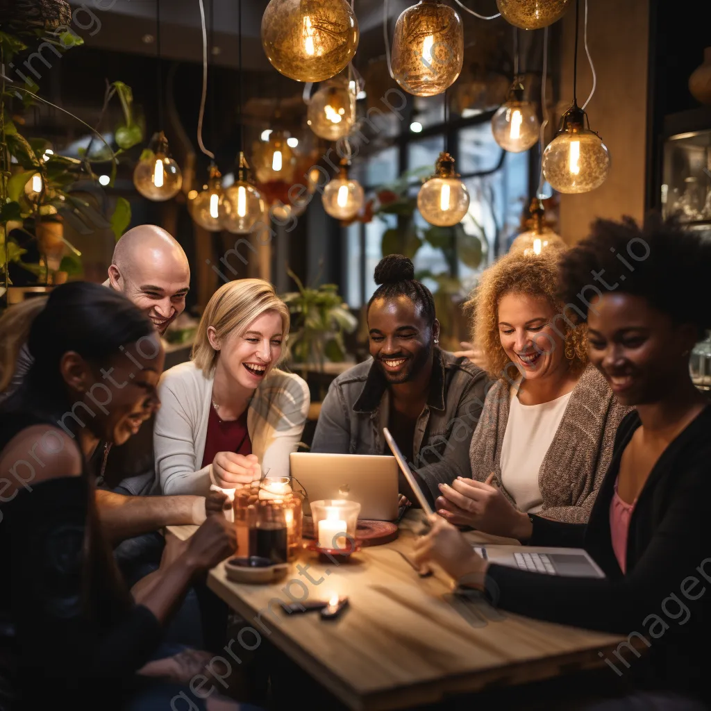 Diverse group of influencers discussing strategies in a cozy café - Image 3