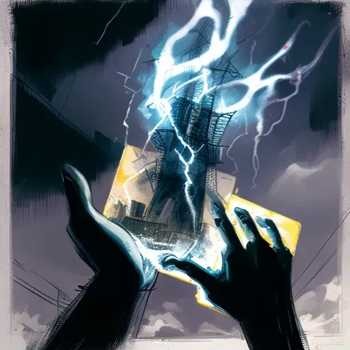 Image of hands holding a tarot card revealing a looming tower struck by lightning - Image 1