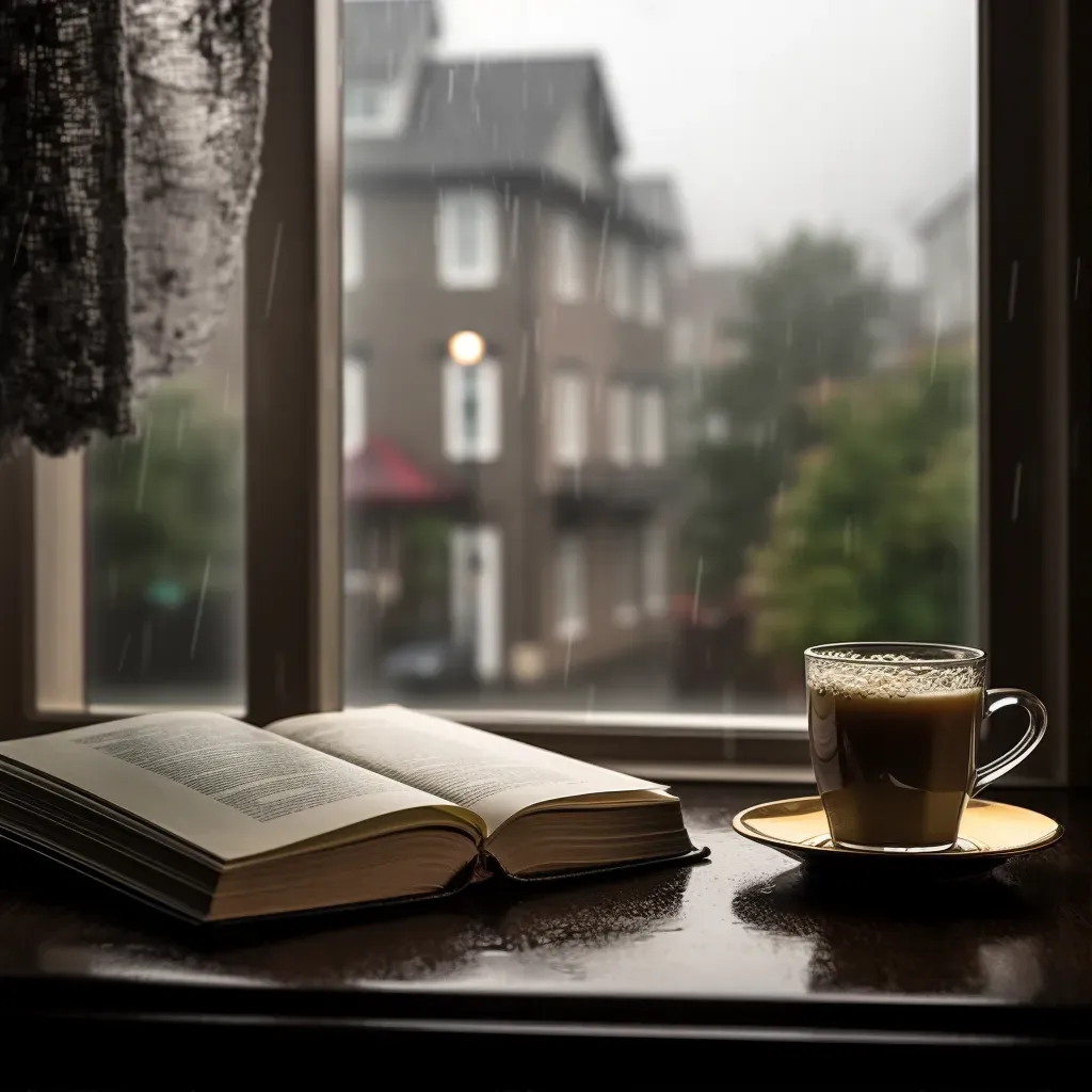 Rainy day view from window with tea and book on windowsill - Image 1