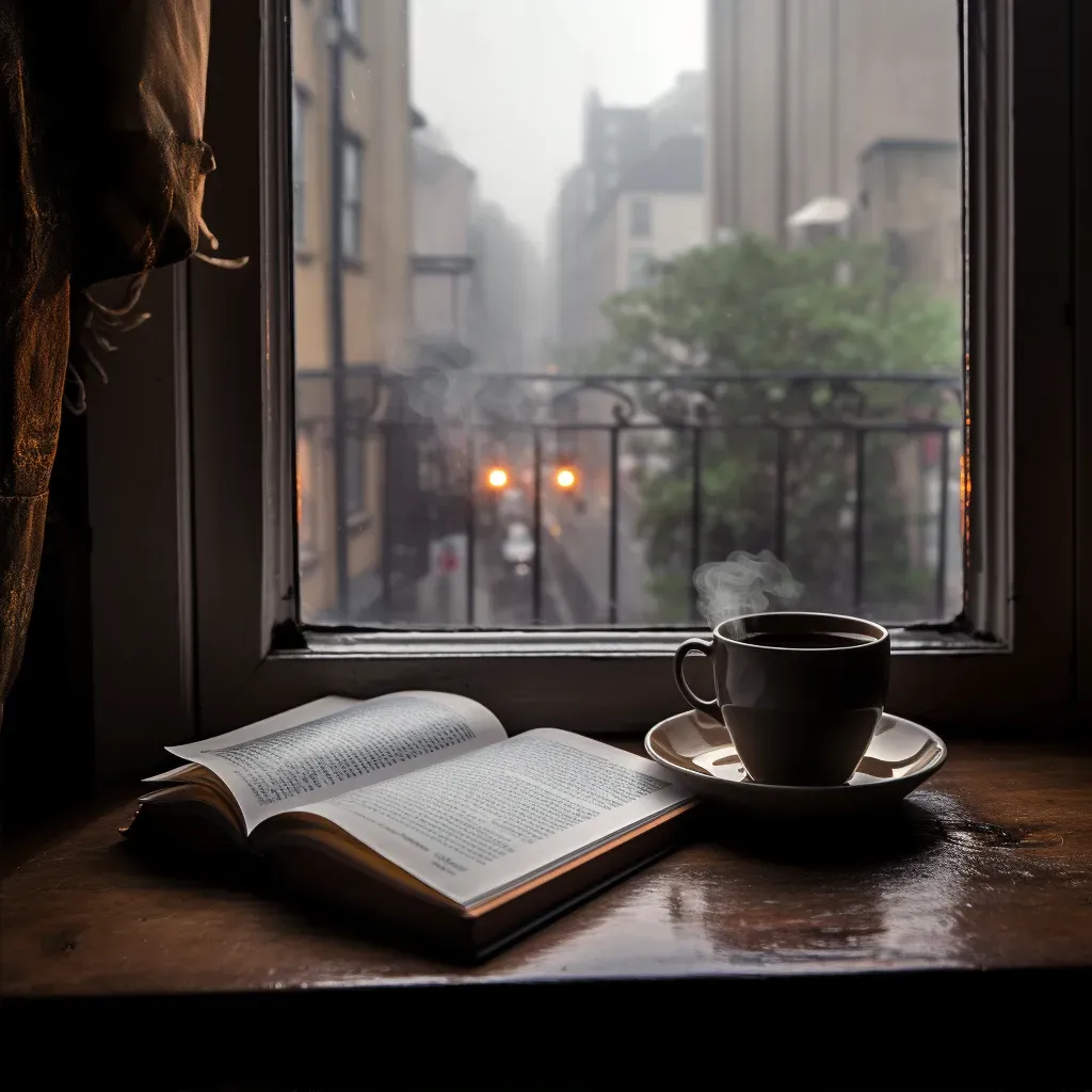 Rainy day view from window with tea and book on windowsill - Image 2