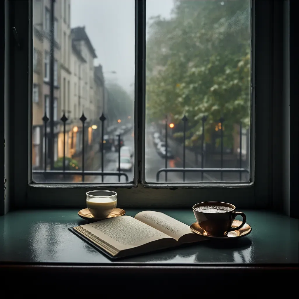 Rainy day view from window with tea and book on windowsill - Image 3