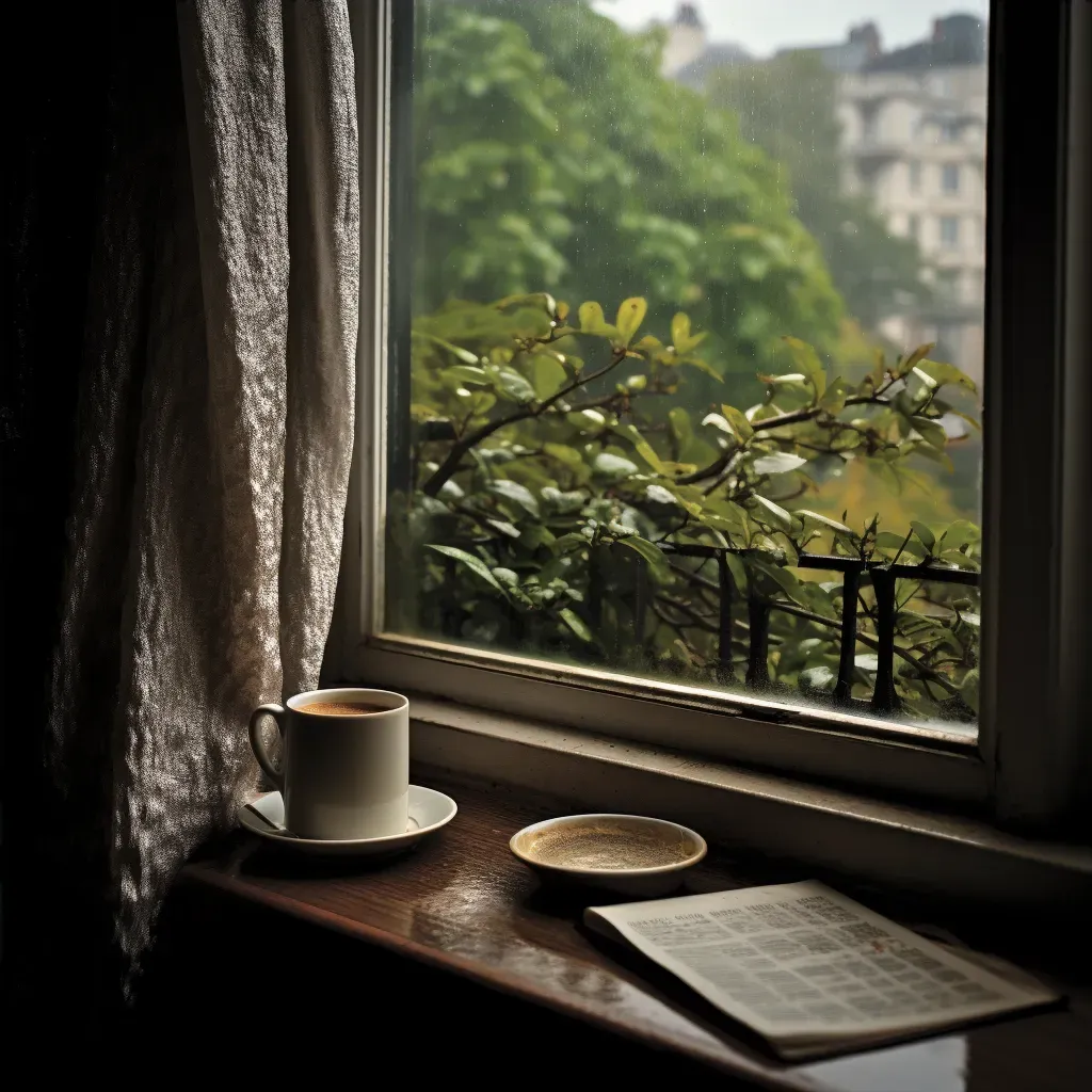 Rainy day view from window with tea and book on windowsill - Image 4