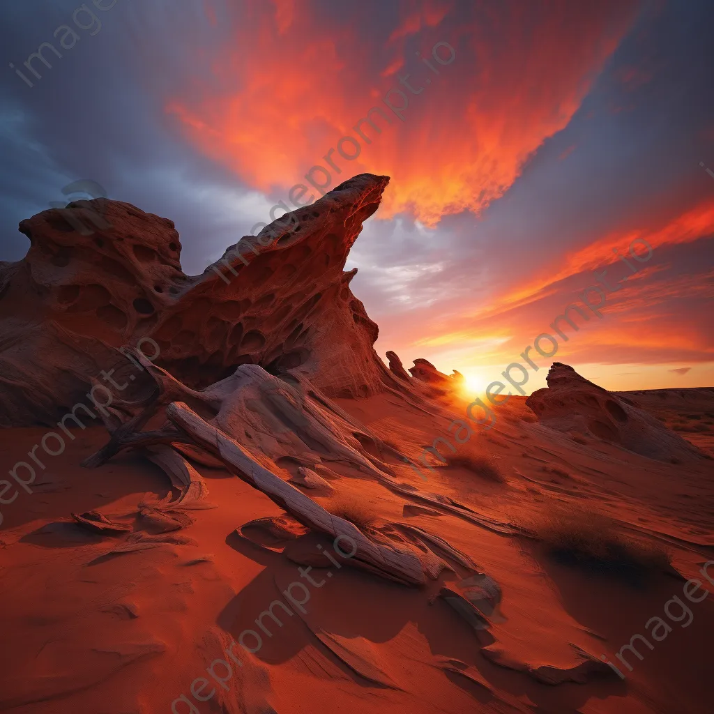 Sunset illuminating ancient wind-carved rock formations in a desert - Image 1