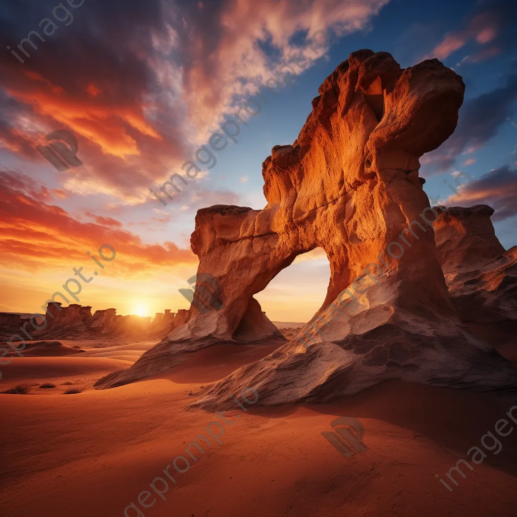 Sunset illuminating ancient wind-carved rock formations in a desert - Image 2