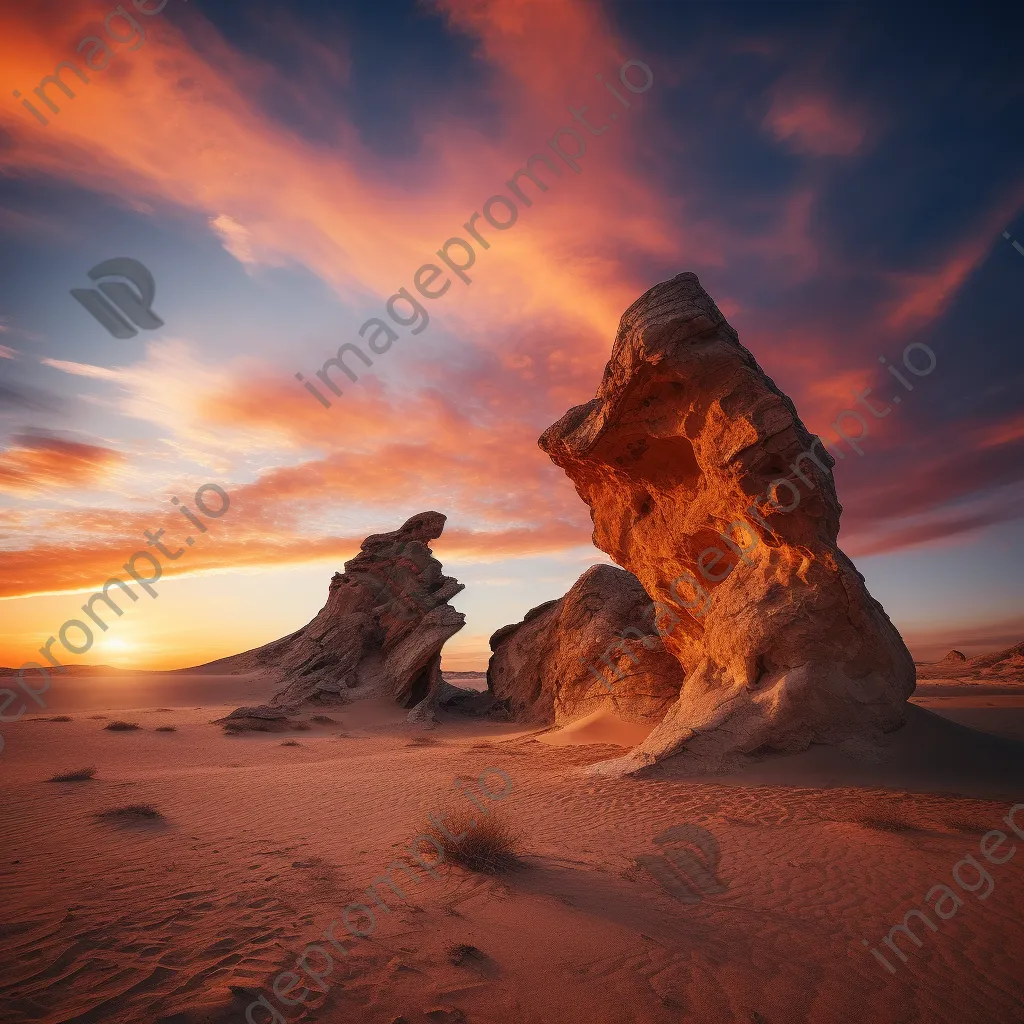 Sunset illuminating ancient wind-carved rock formations in a desert - Image 3