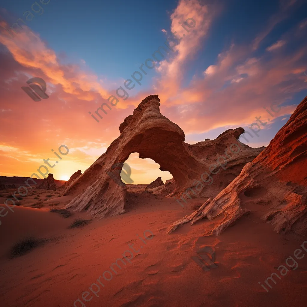 Sunset illuminating ancient wind-carved rock formations in a desert - Image 4