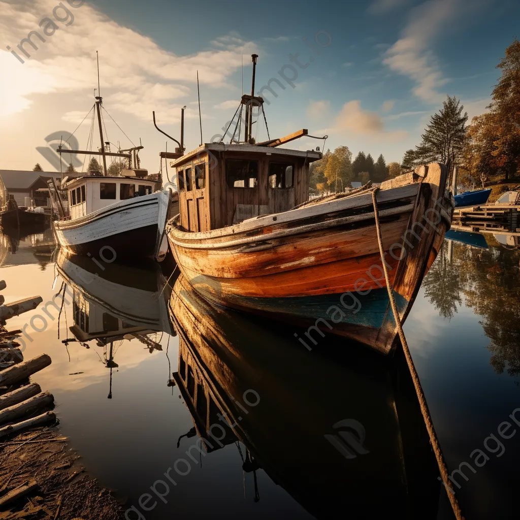 Historical fishing boats moored in a rustic harbor with wooden structures. - Image 1