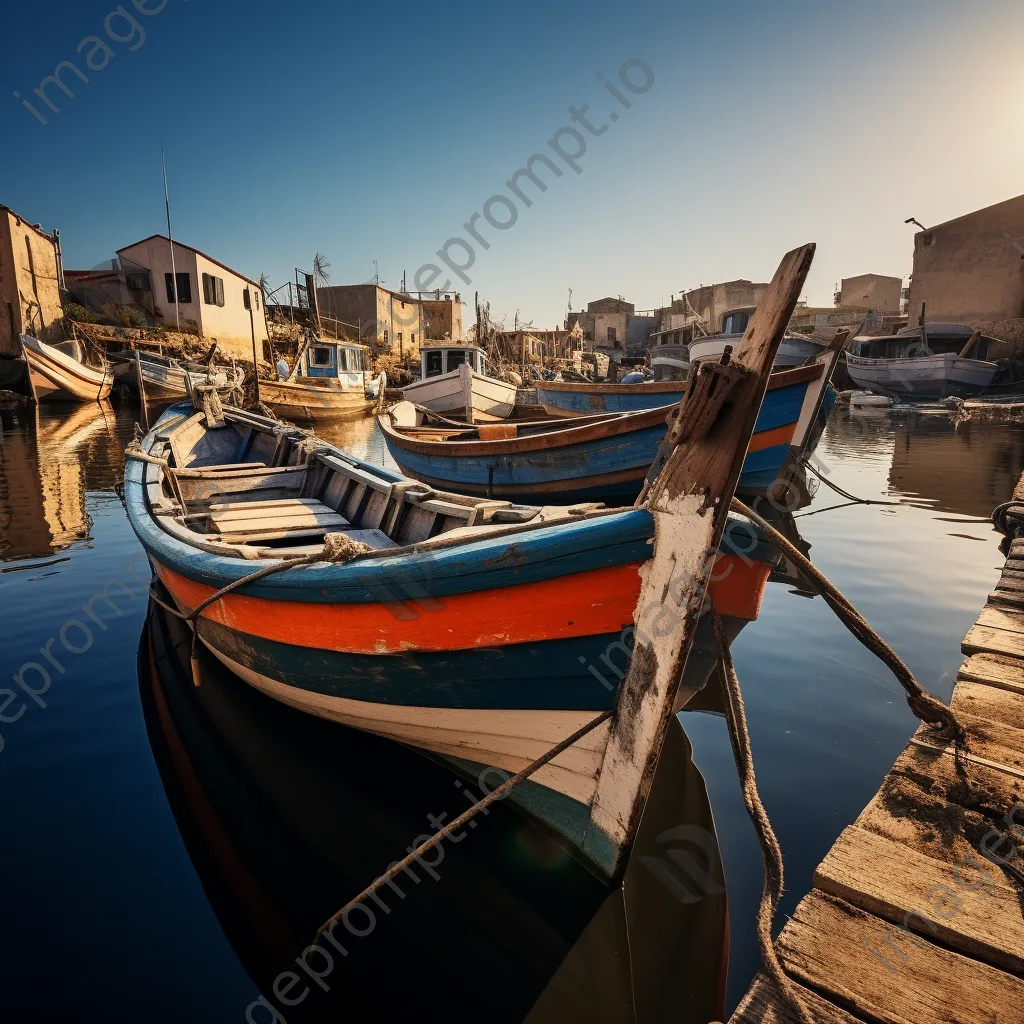 Historical fishing boats moored in a rustic harbor with wooden structures. - Image 2