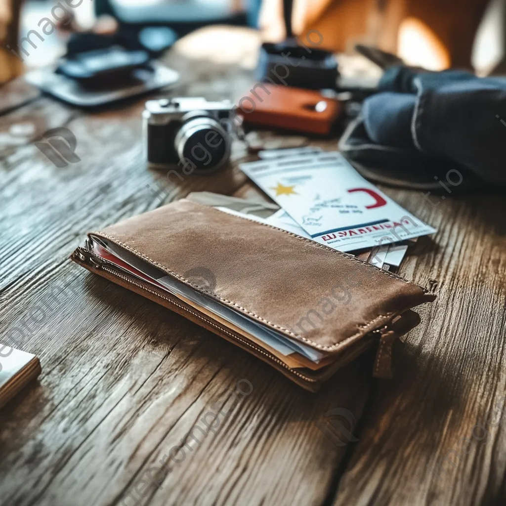 Travel pouch filled with tickets and passport on wooden table - Image 1