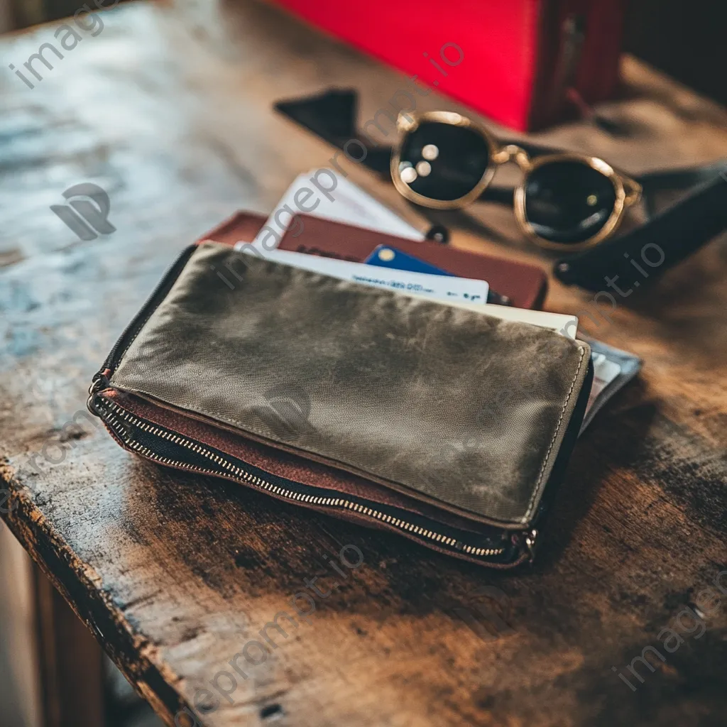 Travel pouch filled with tickets and passport on wooden table - Image 2