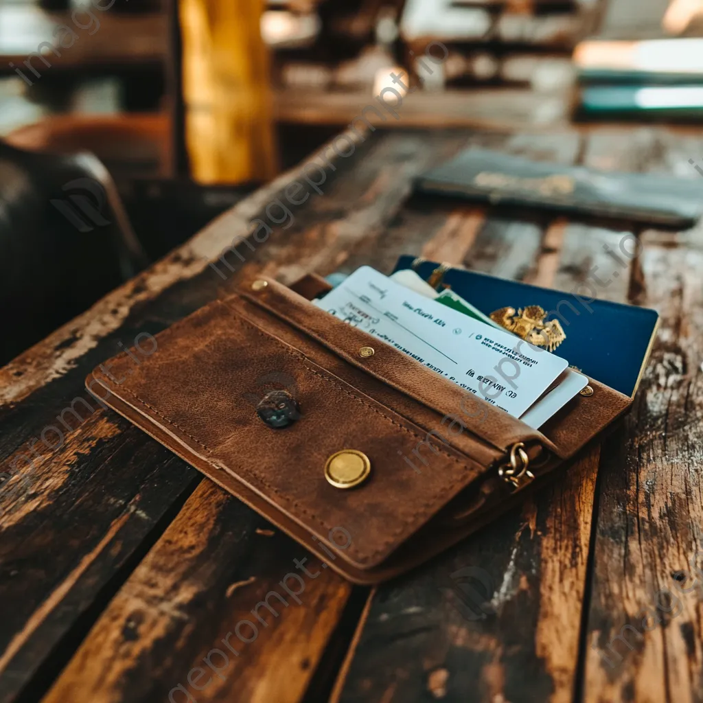 Travel pouch filled with tickets and passport on wooden table - Image 4