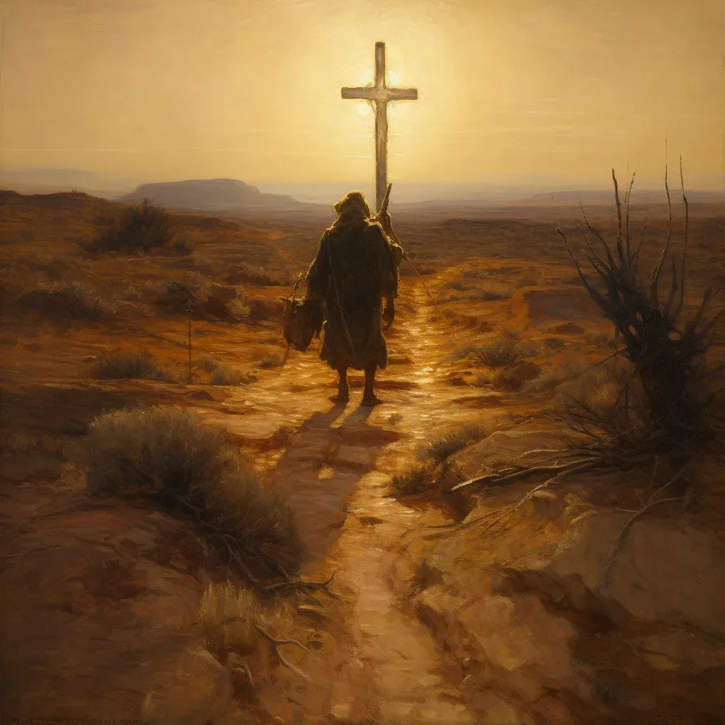 Artistic depiction of man at crossroads in desert, symbolizing life choices - Image 1