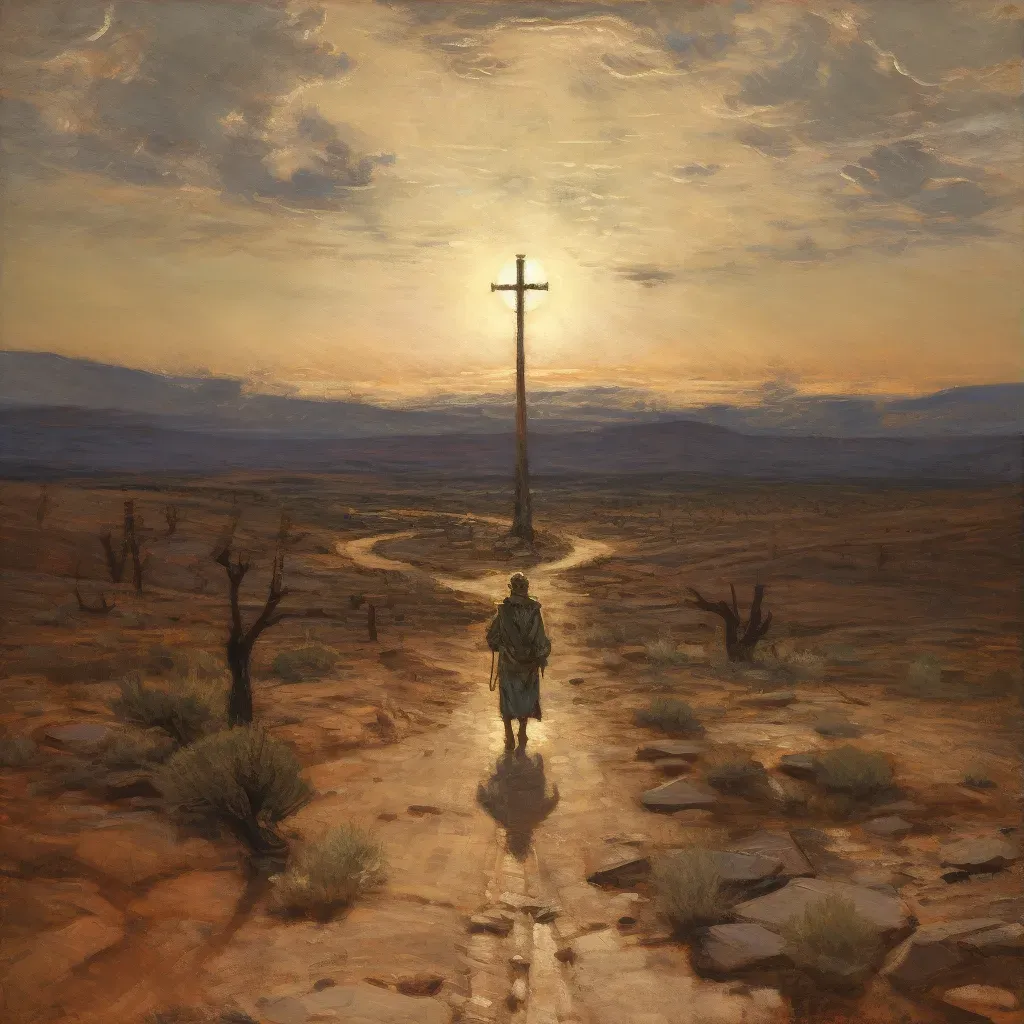 Artistic depiction of man at crossroads in desert, symbolizing life choices - Image 3