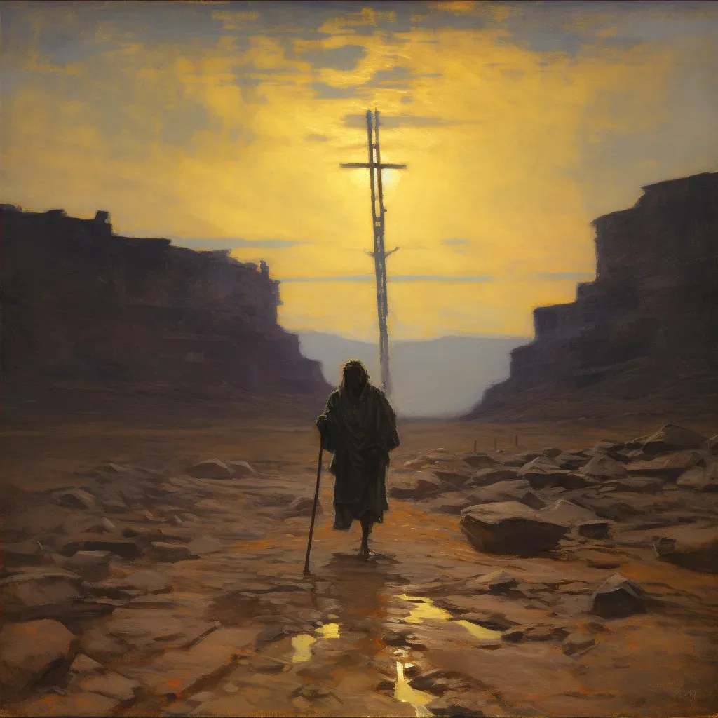 Artistic depiction of man at crossroads in desert, symbolizing life choices - Image 4