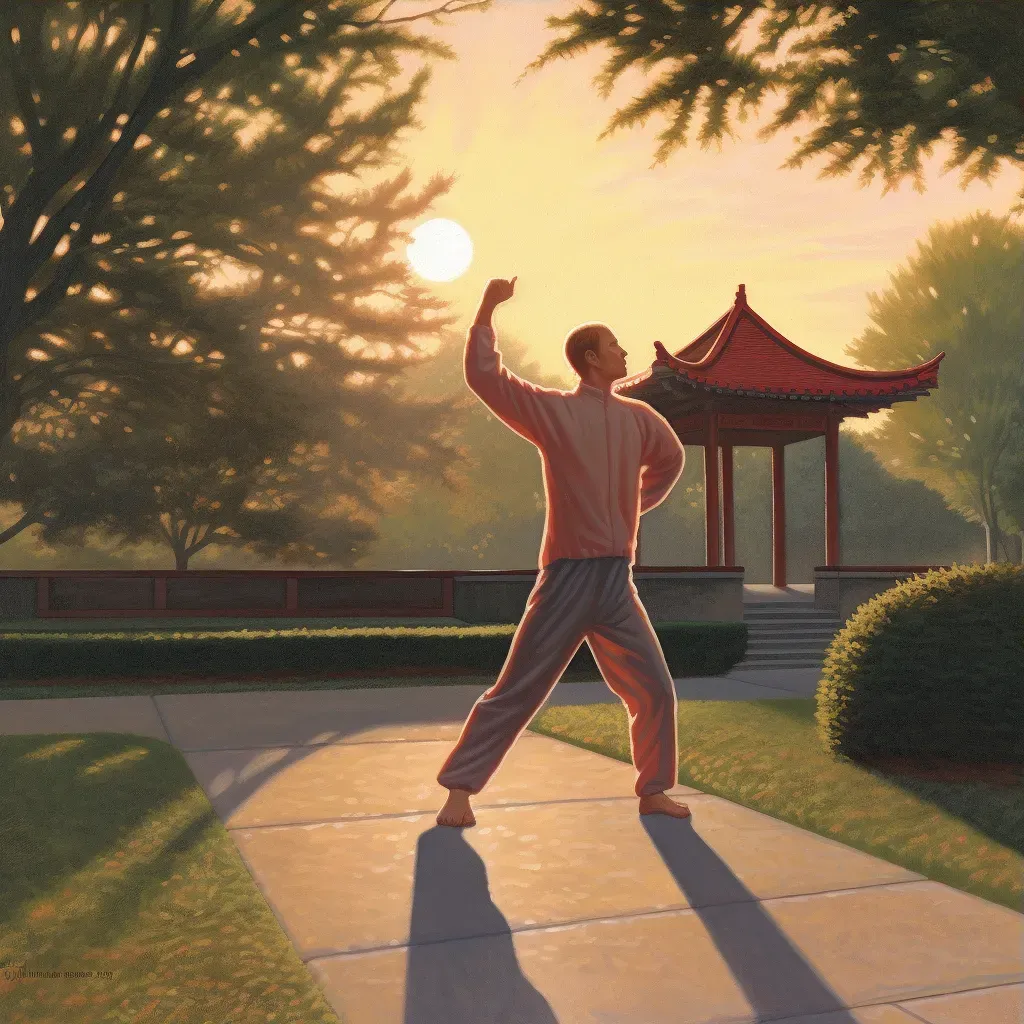 Person practicing Tai Chi in a quiet park at dawn - Image 3