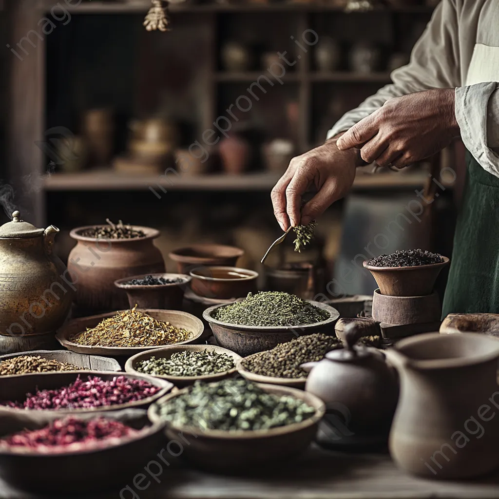 Artisan crafting traditional tea blends in a workshop - Image 1