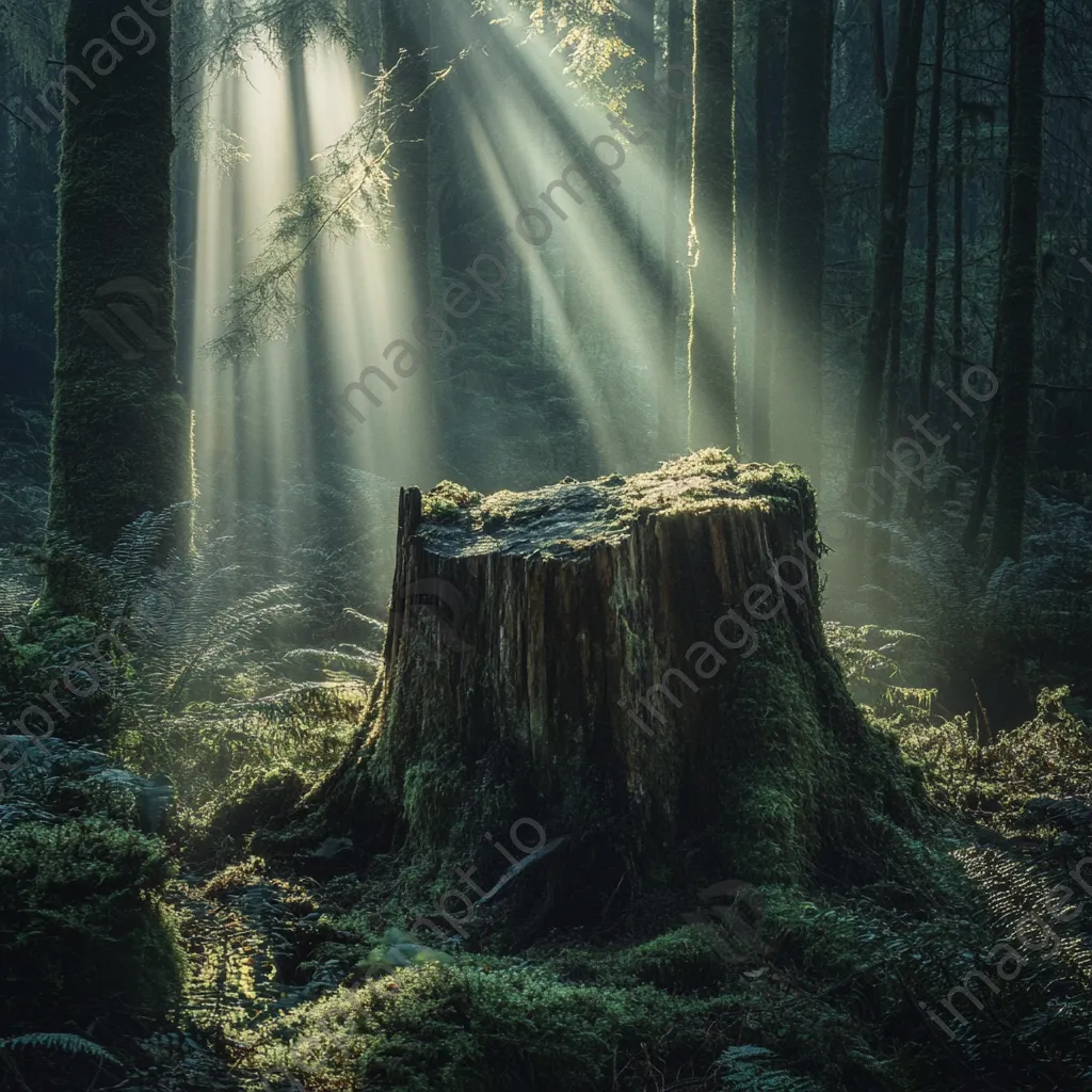 Hollow tree stump surrounded by moss with sunlight filtering through trees - Image 1